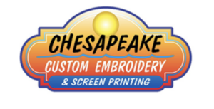 A decorative logo with a sun at the top features the text "Chesapeake Custom Embroidery & Screen Printing" in bold, stylized fonts on a gradient background transitioning from orange to blue.